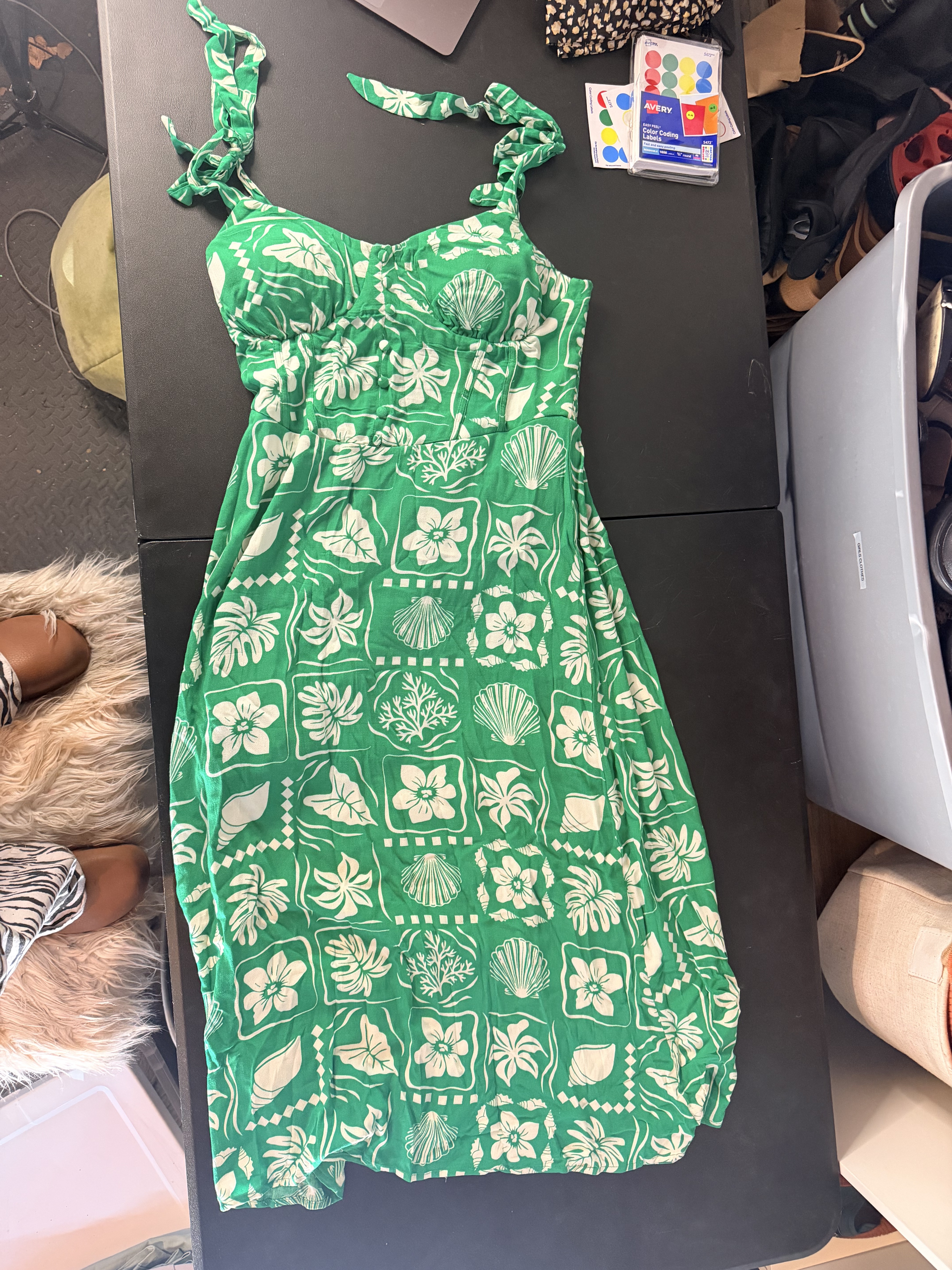 so Green Tropical Print Smocked Tie-Strap Dress