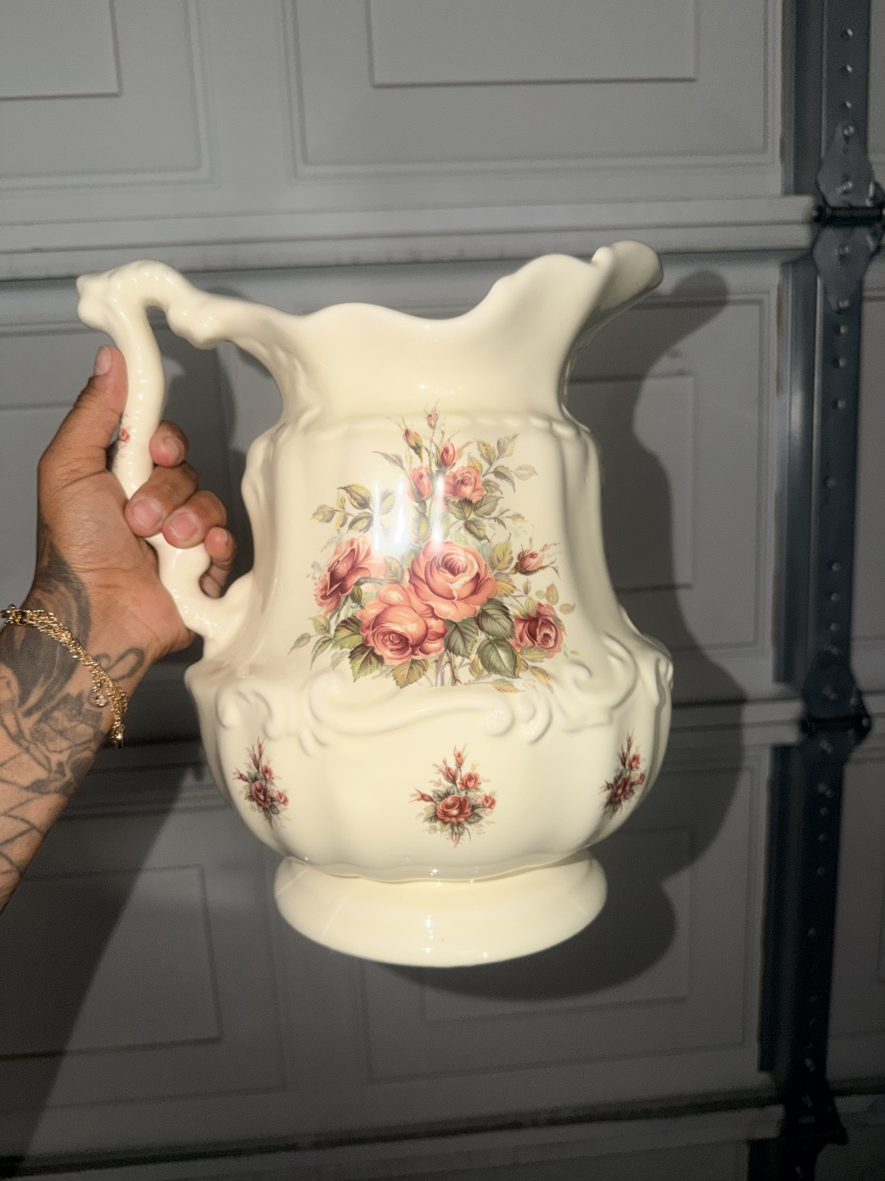 Vintage Ivory Ceramic Pitcher with Rose Floral Design