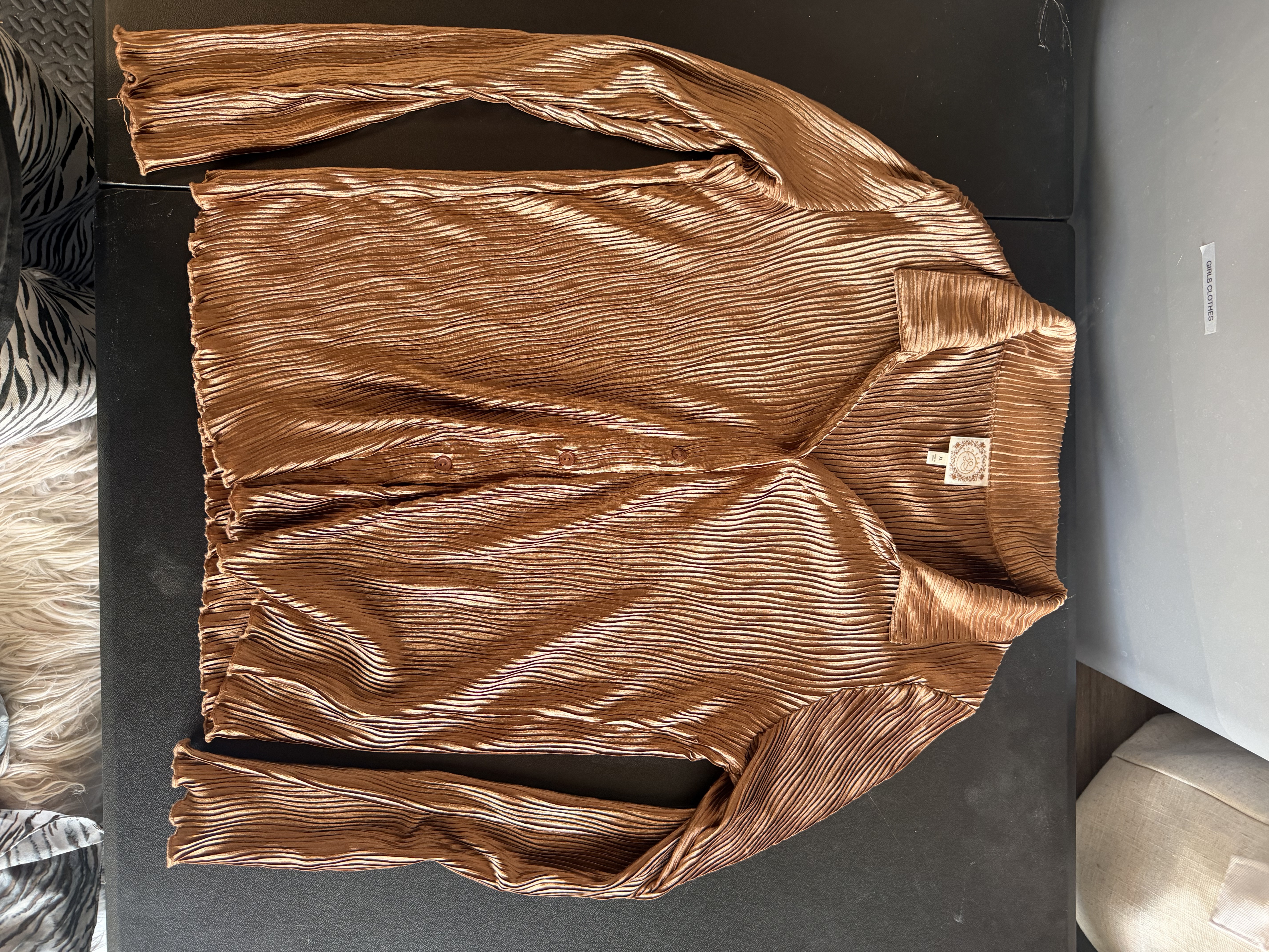 S&S Bronze Metallic Plissé Button-Up Blouse